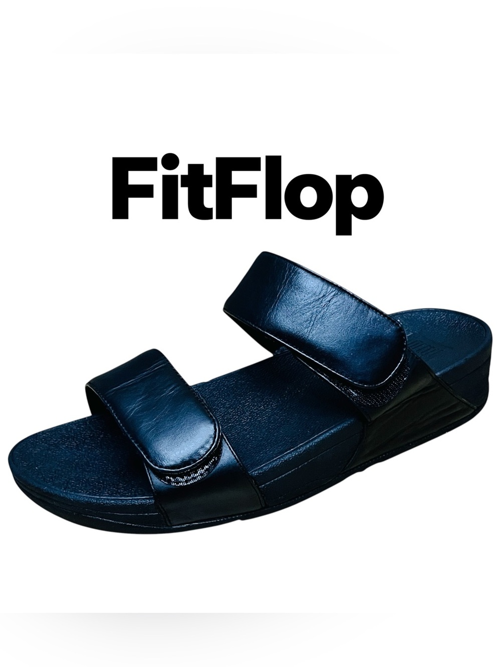 FitFlop Lulu Adjustable Leather Slide Black Sandals Hook/Loop/Strap Sz 9
